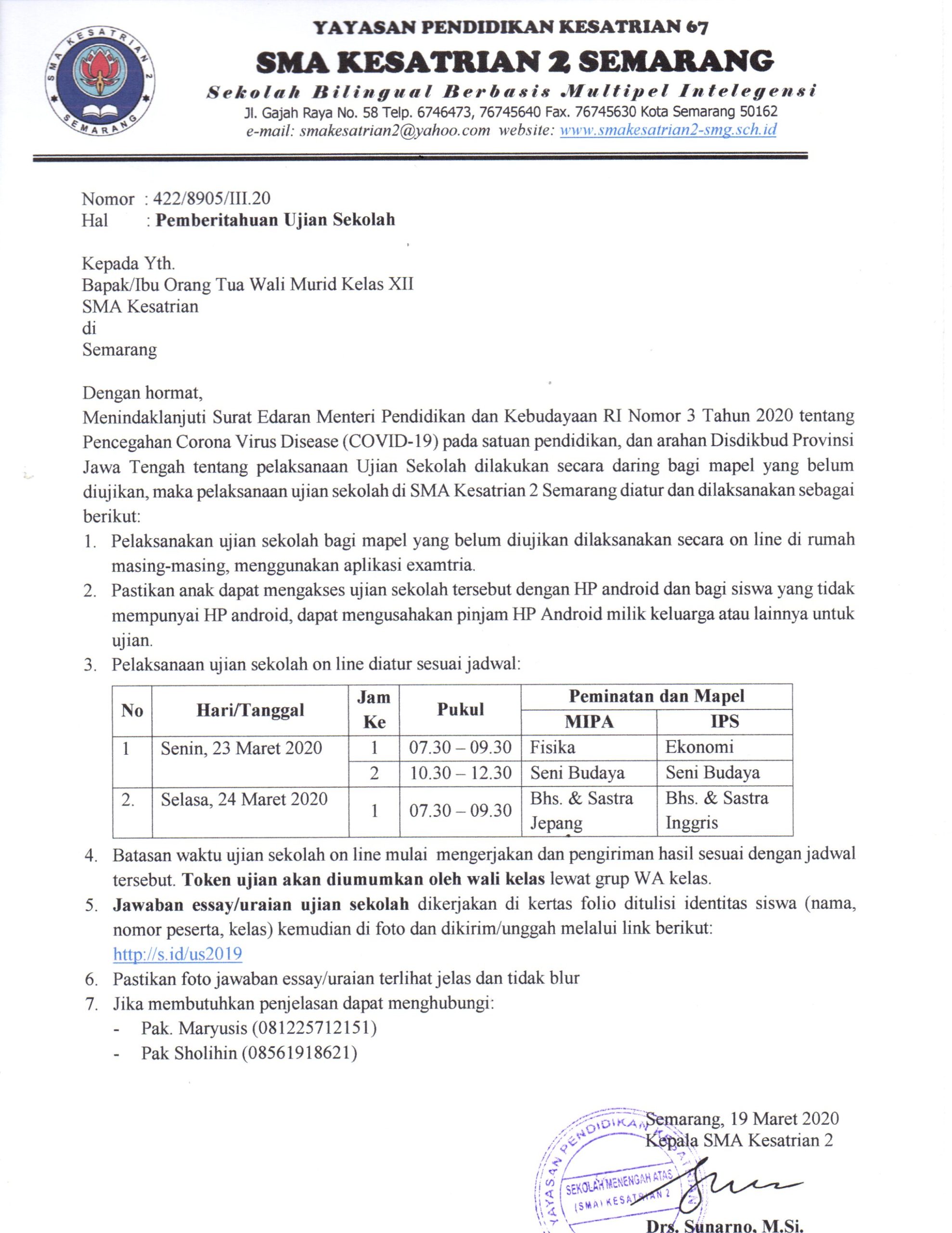 Pemberitahuan Ujian Sekolah Sma Kesatrian 2 Semarang